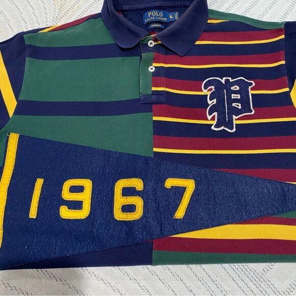 Polo Ralph Lauren Regimental Patch Stripe w/ 1967 Felt Banner Rugby Shirt Sz XL - Picture 7 of 8